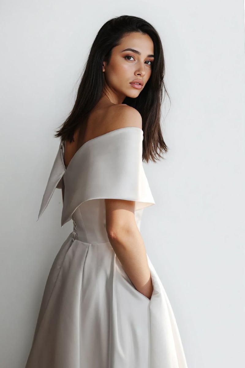 Alysha Off Shoulder Satin Midi Wedding Dress | Jewelclues