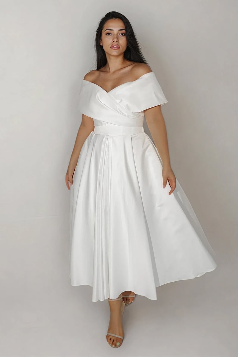 Alysha Off Shoulder Satin Midi Wedding Dress | Jewelclues