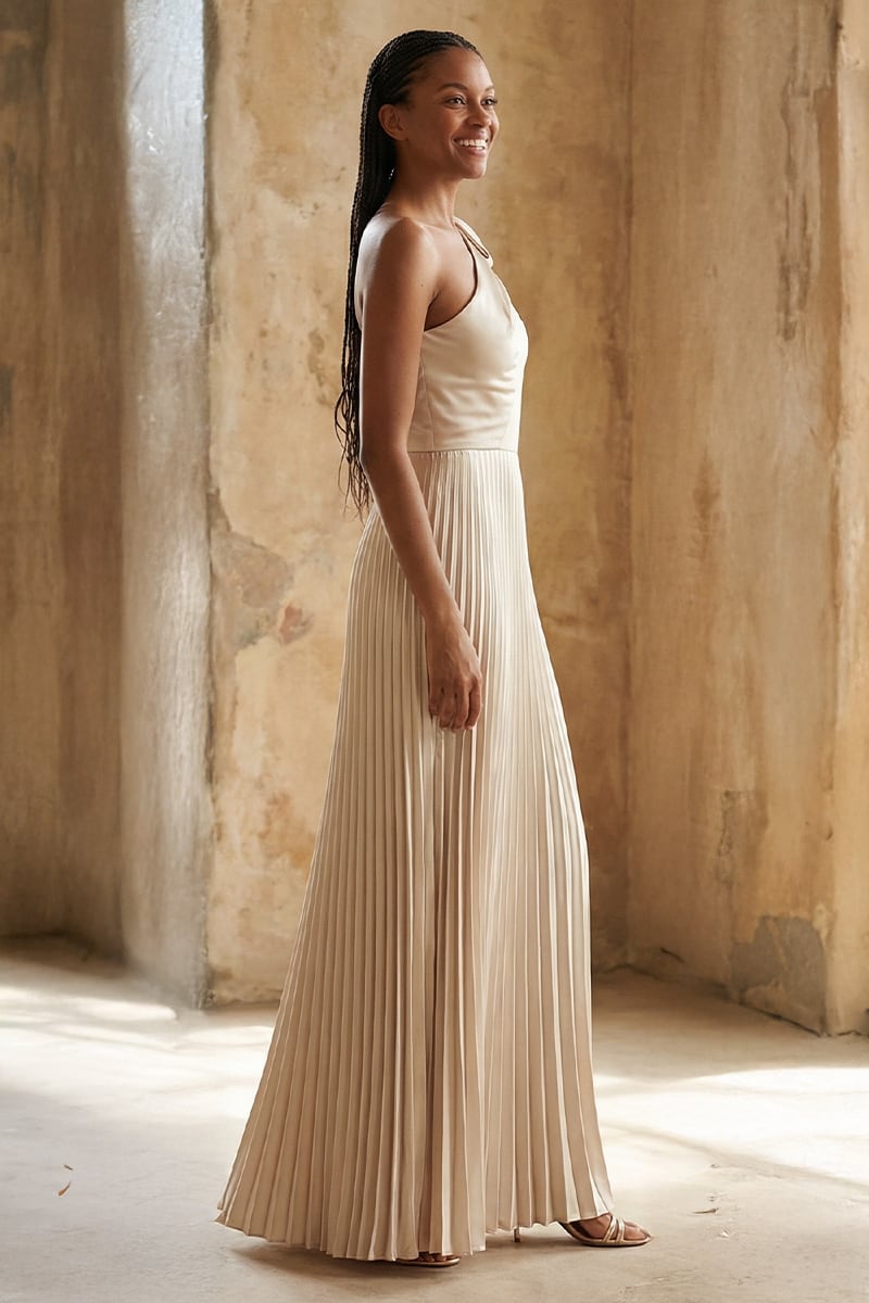 Ambra One-Shoulder Pleated Satin Gown | JewelClues #color_champagne