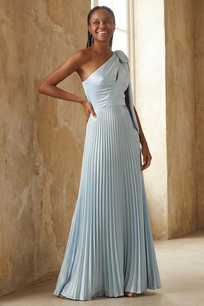 Ambra One-Shoulder Pleated Satin Gown | JewelClues #color_light blue