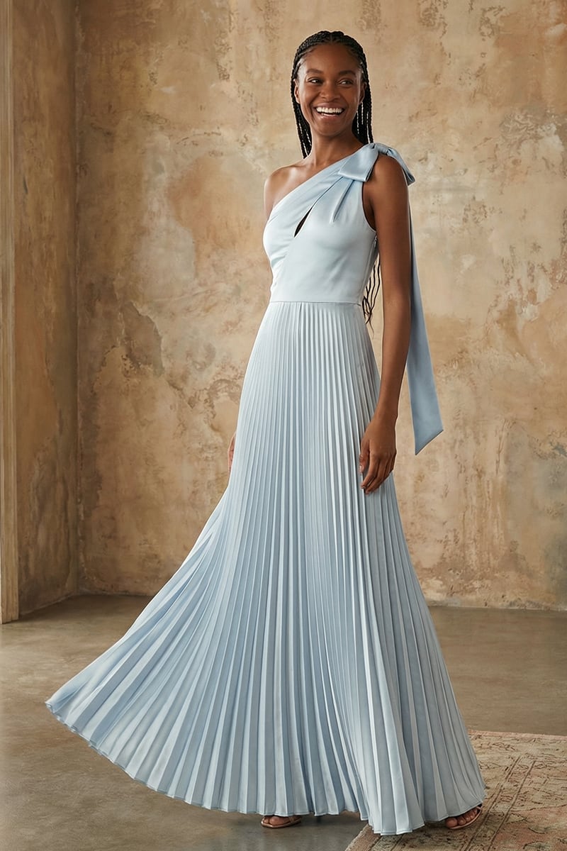 Ambra One-Shoulder Pleated Satin Gown | JewelClues #color_light blue