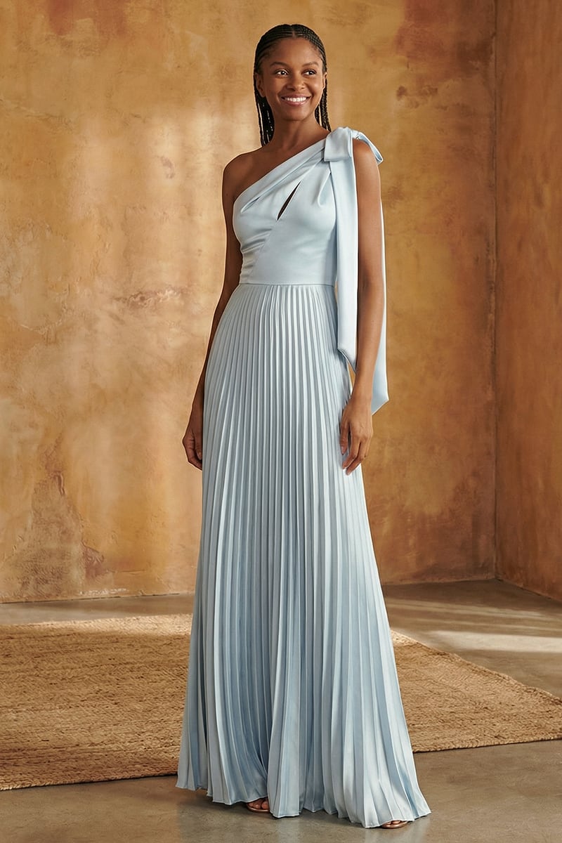 Ambra One-Shoulder Pleated Satin Gown | JewelClues #color_light blue