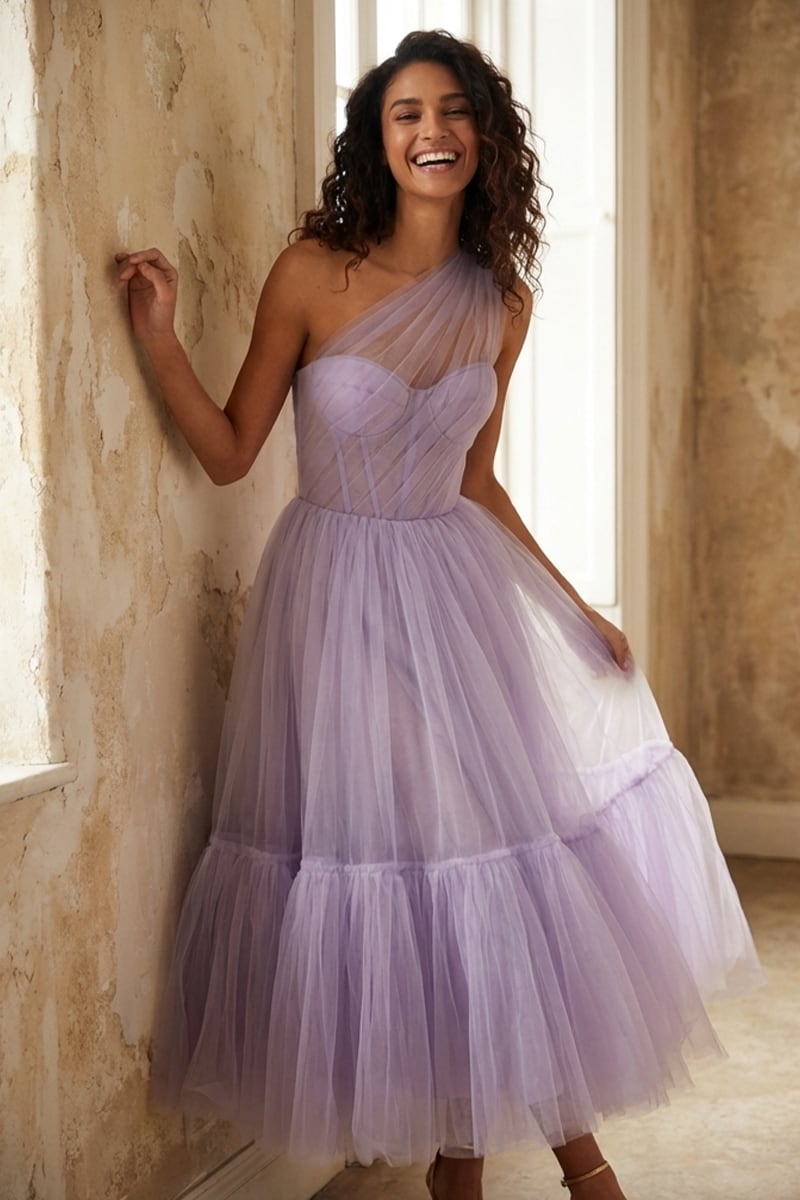 Amelie One-Shoulder Midi Dress | Jewelclues #color_lavender