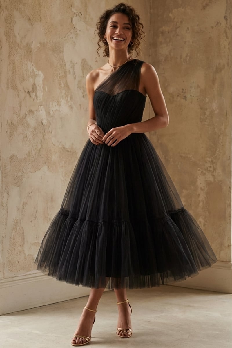 Amelie One-Shoulder Midi Dress | Jewelclues #color_black