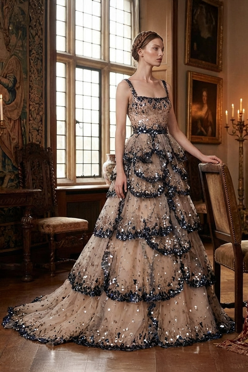 Anouk Tiered Sequin Couture Gown | Jewelclues