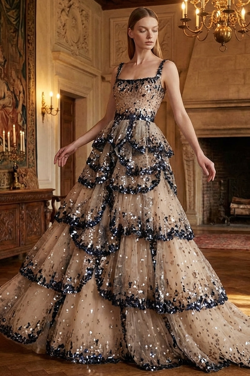 Anouk Tiered Sequin Couture Gown | Jewelclues