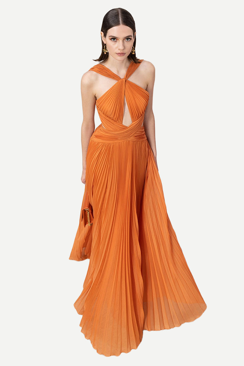 Jewelclues Lena Satin Cutout Ostrich Feather Maxi Dress Orange / 6