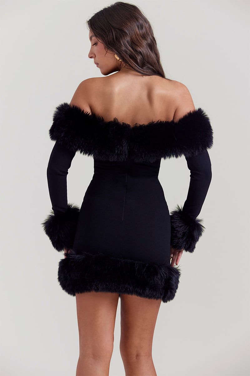 Ariana Strapless Faux Fur Black Mini Dress | Jewelclues