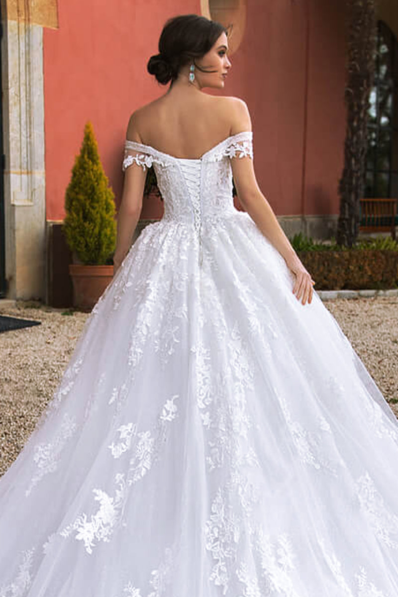 Color_White | Athens Lace Applique Off-the-Shoulder Wedding Dress | Jewelclues