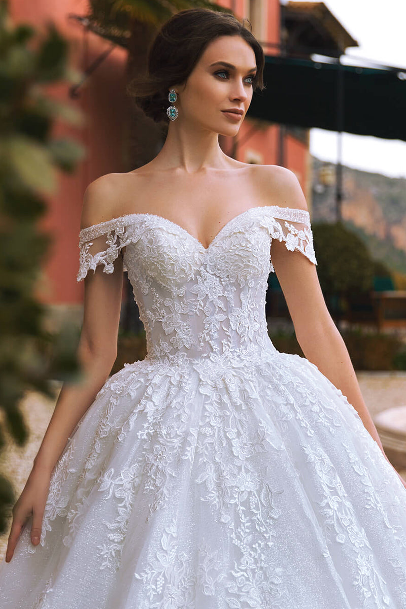 Athens Lace Applique Off-the-Shoulder Wedding Dress | Jewelclues | #color_white