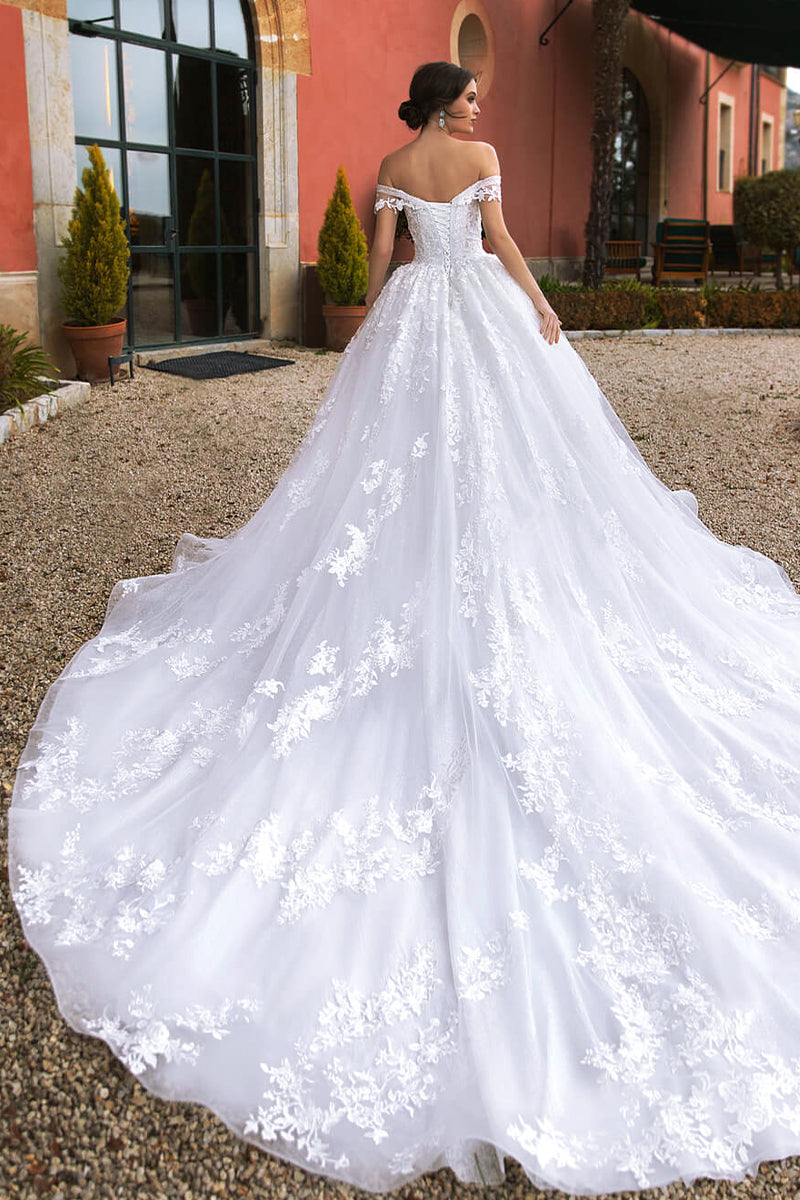 Athens Lace Applique Off-the-Shoulder Wedding Dress | Jewelclues | #color_white