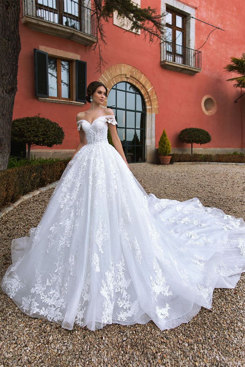 Color_White | Athens Lace Applique Off-the-Shoulder Wedding Dress | Jewelclues
