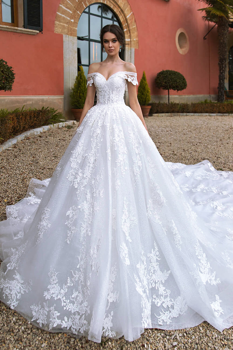 Athens Lace Applique Off-the-Shoulder Wedding Dress | Jewelclues | #color_white