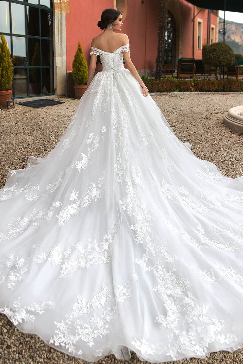 Color_Ivory | Athens Lace Applique Off-the-Shoulder Wedding Dress | Jewelclues