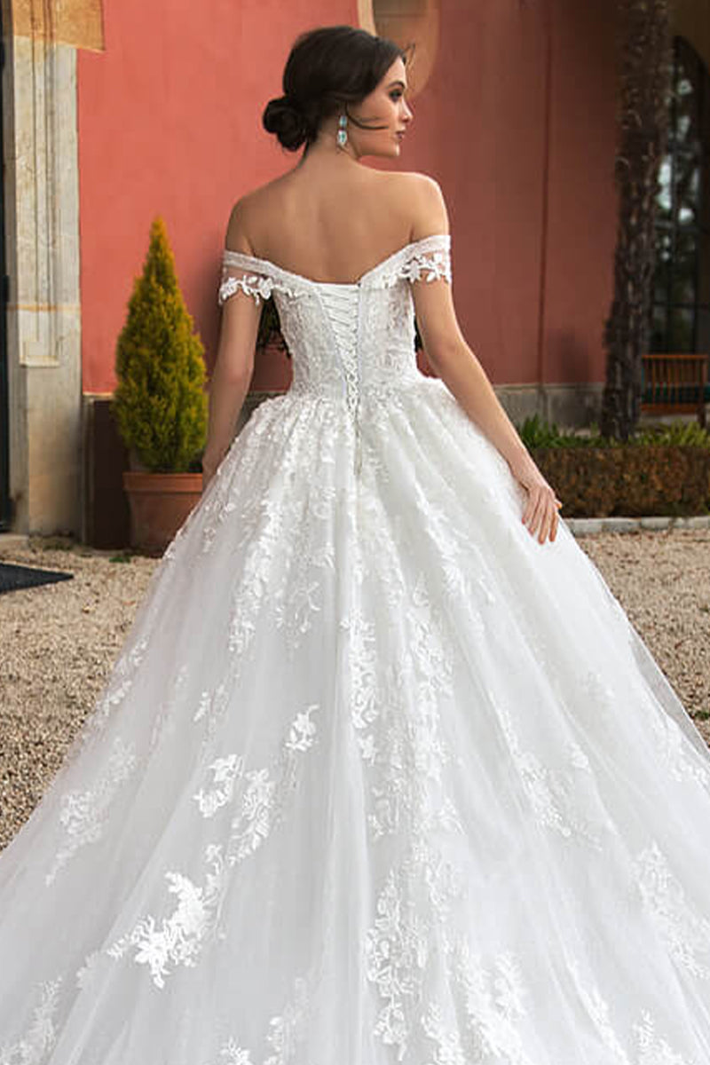 Color_Ivory | Athens Lace Applique Off-the-Shoulder Wedding Dress | Jewelclues