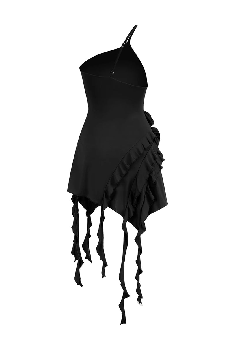 Bewitching Ruffled One-Shoulder Mini Dress | Jewelclues | #color_black