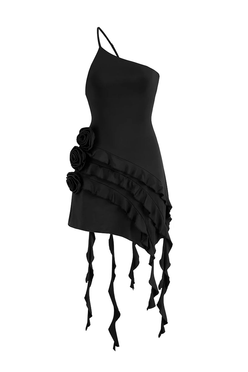 Color_Black | Bewitching Ruffled One-Shoulder Mini Dress | Jewelclues