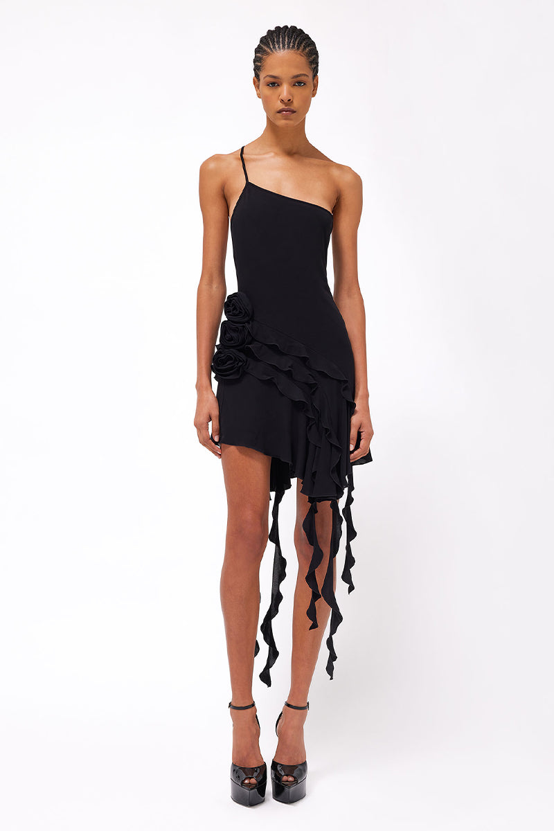 Bewitching Ruffled One-Shoulder Mini Dress | Jewelclues | #color_black