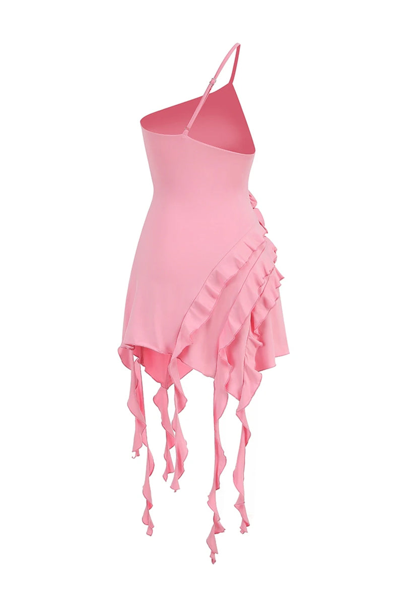 Bewitching Ruffled One-Shoulder Mini Dress | Jewelclues | #color_pink