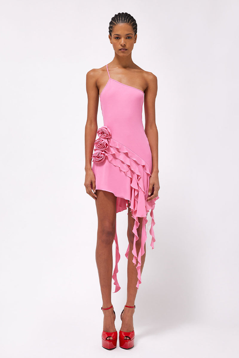 Color_Pink | Bewitching Ruffled One-Shoulder Mini Dress | Jewelclues