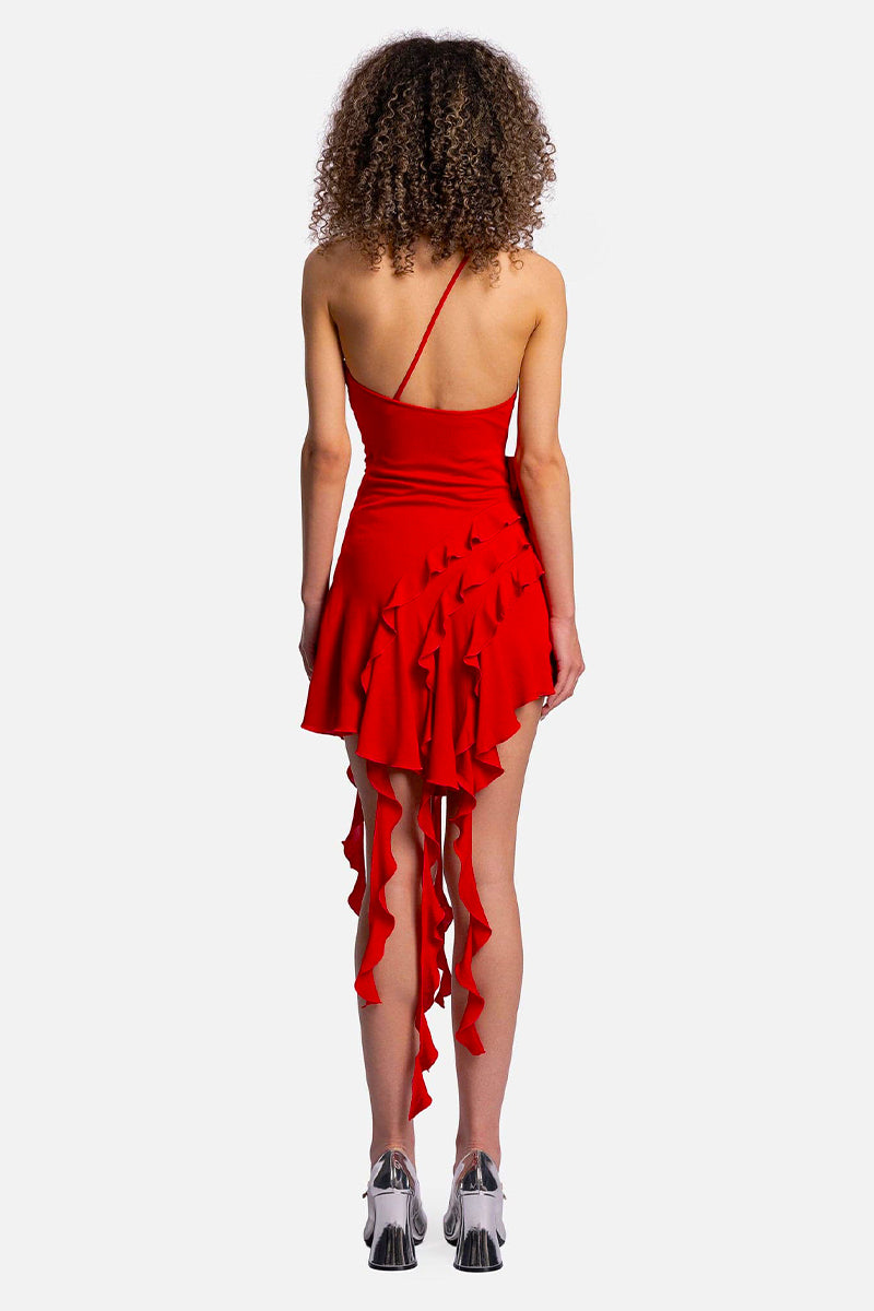 Color_Red | Bewitching Ruffled One-Shoulder Mini Dress | Jewelclues