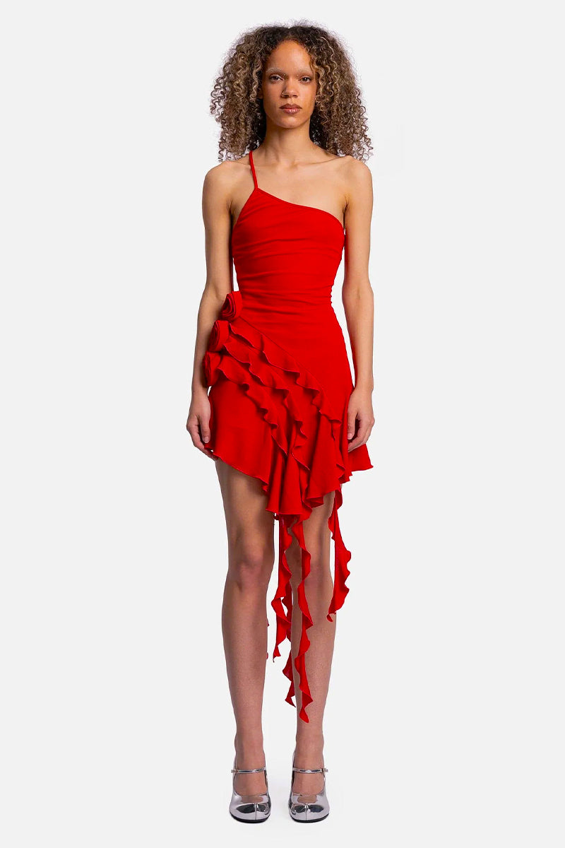 Bewitching Ruffled One-Shoulder Mini Dress | Jewelclues | #color_red