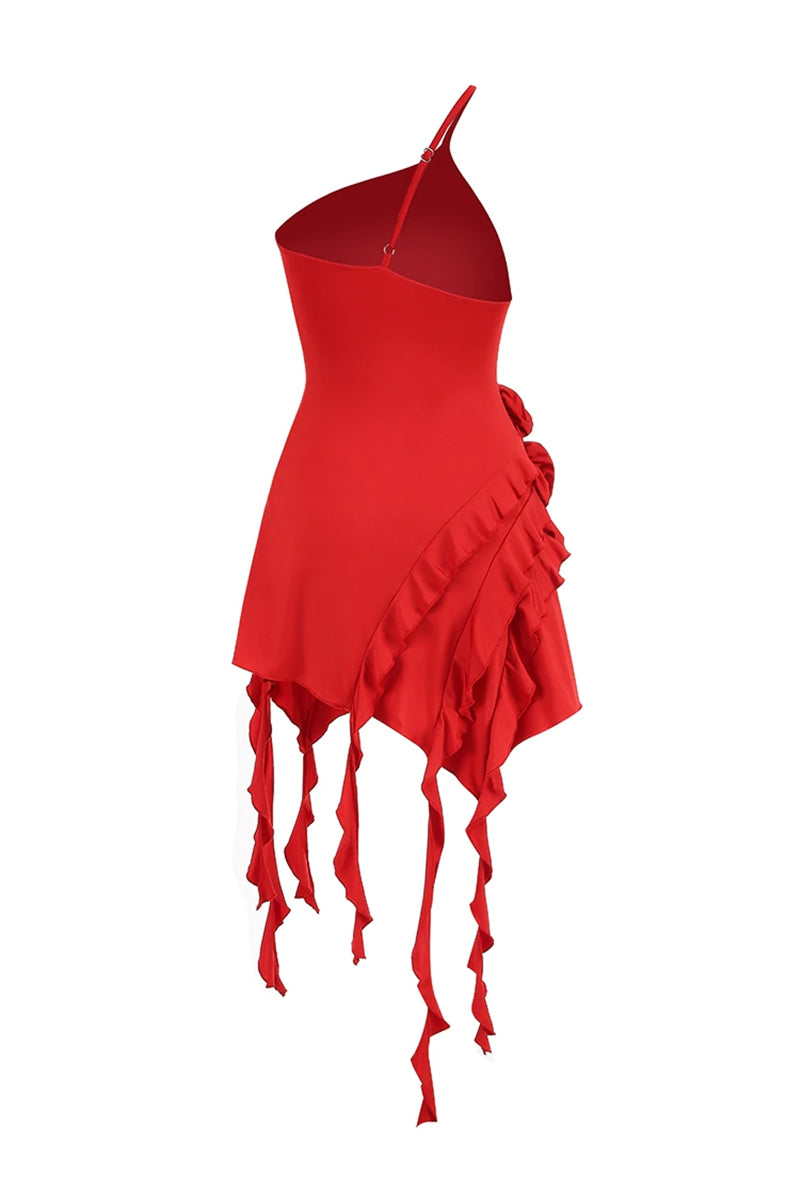 Bewitching Ruffled One-Shoulder Mini Dress | Jewelclues | #color_red