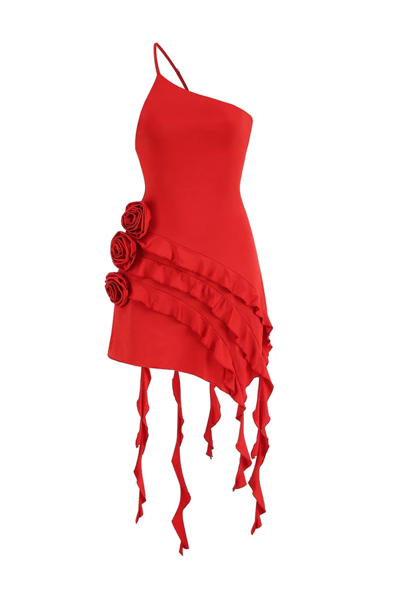 Color_Red | Bewitching Ruffled One-Shoulder Mini Dress | Jewelclues