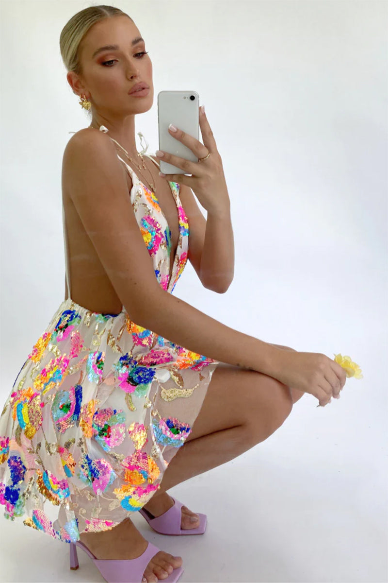 Blissful Goddess Sequin Backless Mini Dress | Jewelclues | #color_white