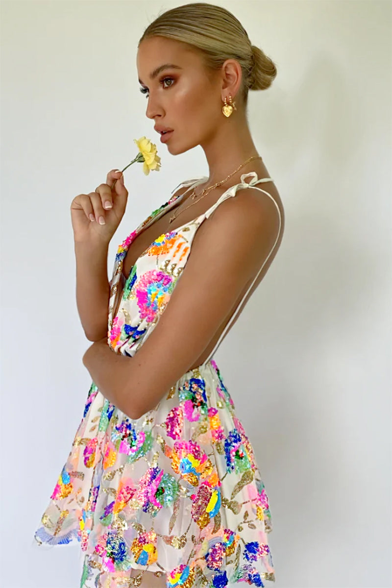 Blissful Goddess Sequin Backless Mini Dress | Jewelclues | #color_white