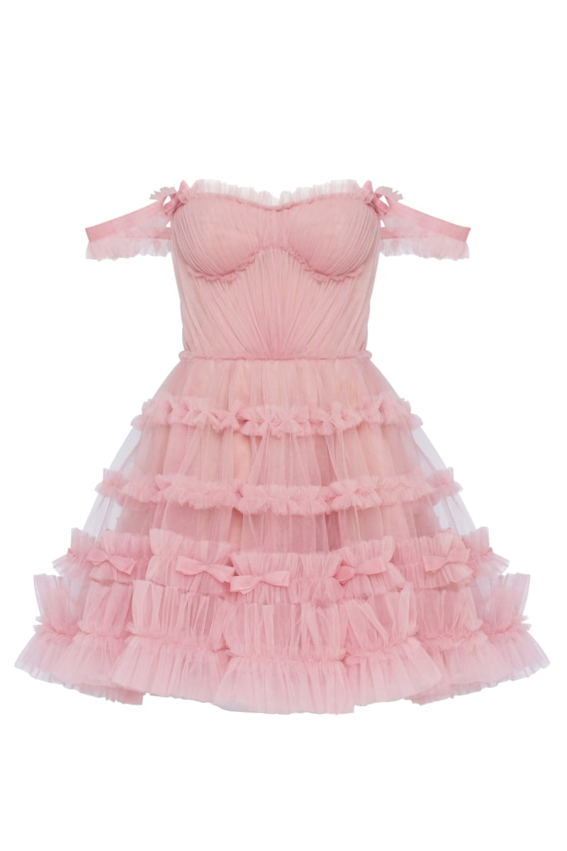 Blush Reverie Off-the-Shoulder Tulle Mini Dress | Jewelclues
