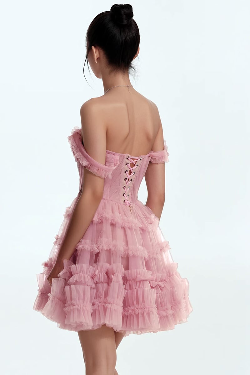 Blush Reverie Off-the-Shoulder Tulle Mini Dress | Jewelclues