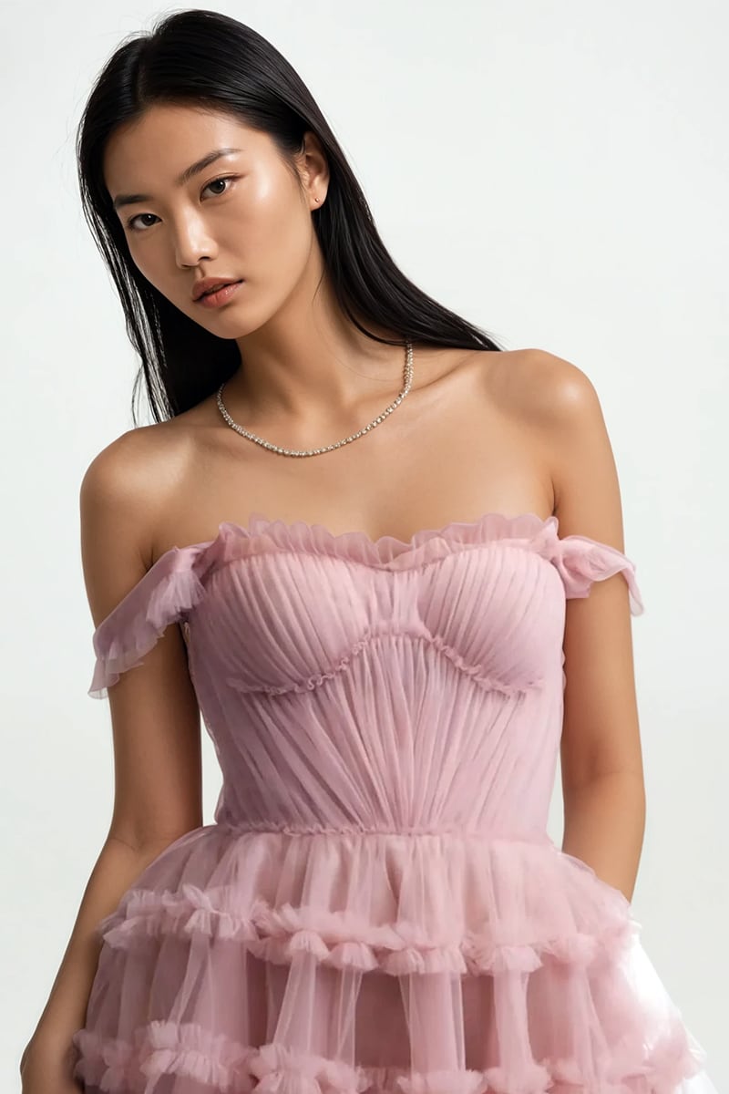 Blush Reverie Off-the-Shoulder Tulle Mini Dress | Jewelclues