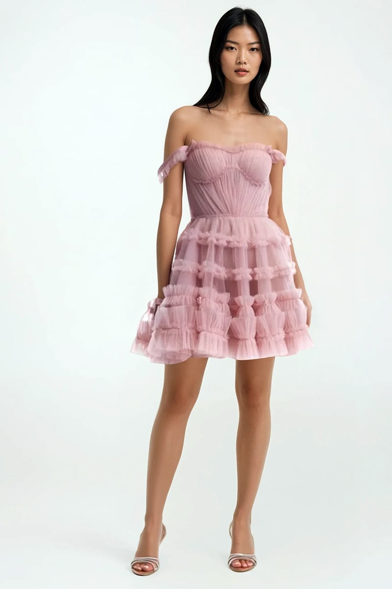 Blush Reverie Off-the-Shoulder Tulle Mini Dress | Jewelclues