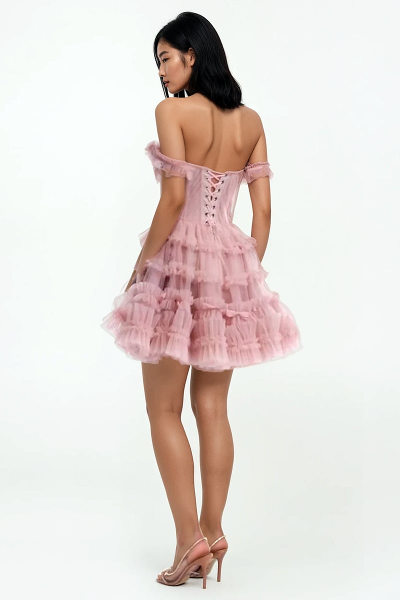 Blush Reverie Off-the-Shoulder Tulle Mini Dress | Jewelclues