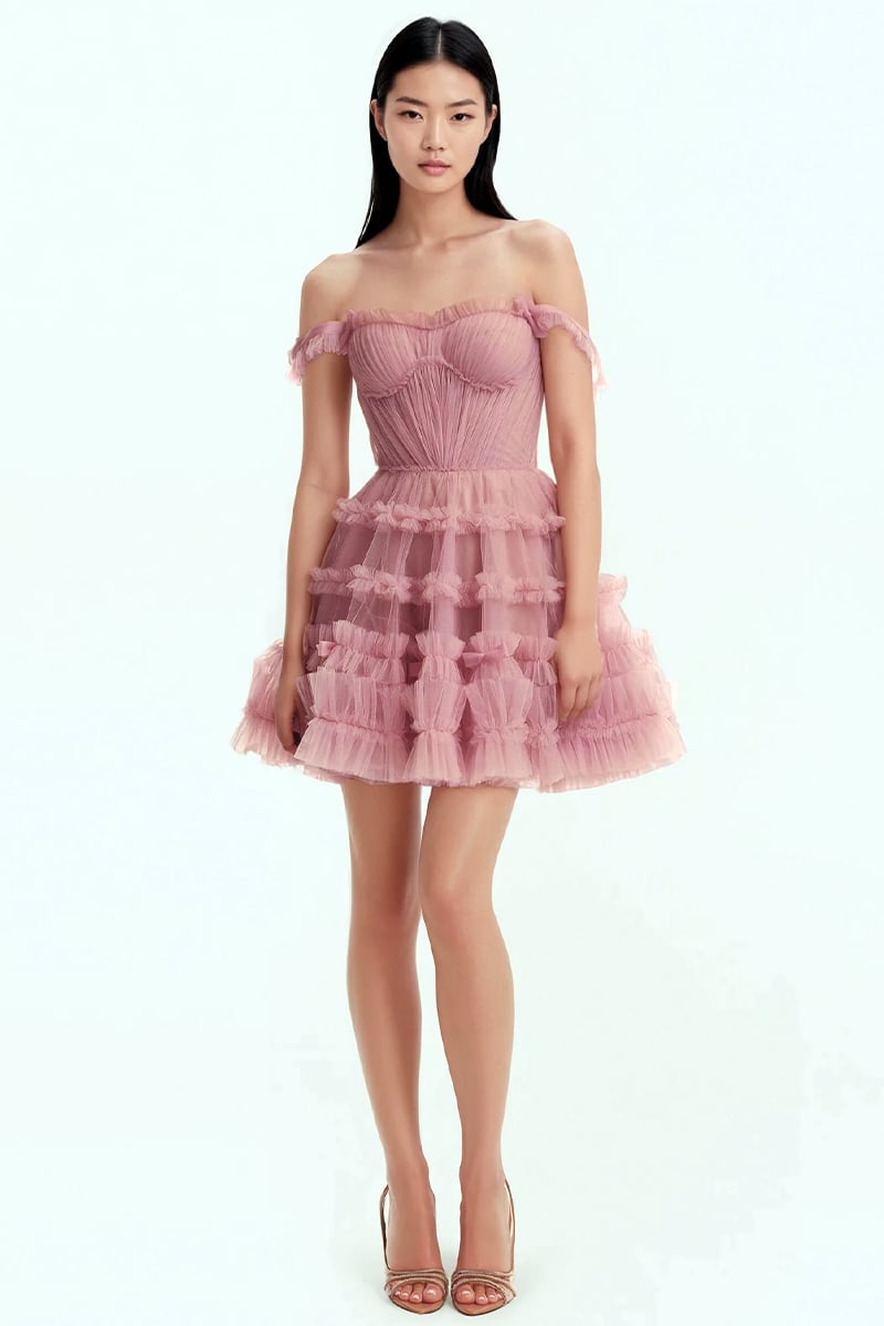Blush Reverie Off-the-Shoulder Tulle Mini Dress | Jewelclues