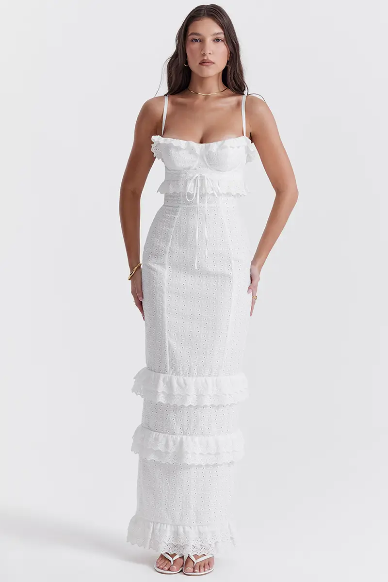 Boston White Eyelet Embroidery Maxi Dress | Jewelclues