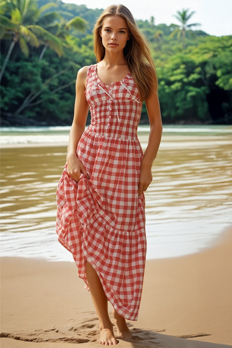 Camille Red & White Check Midi Dress | JewelClues