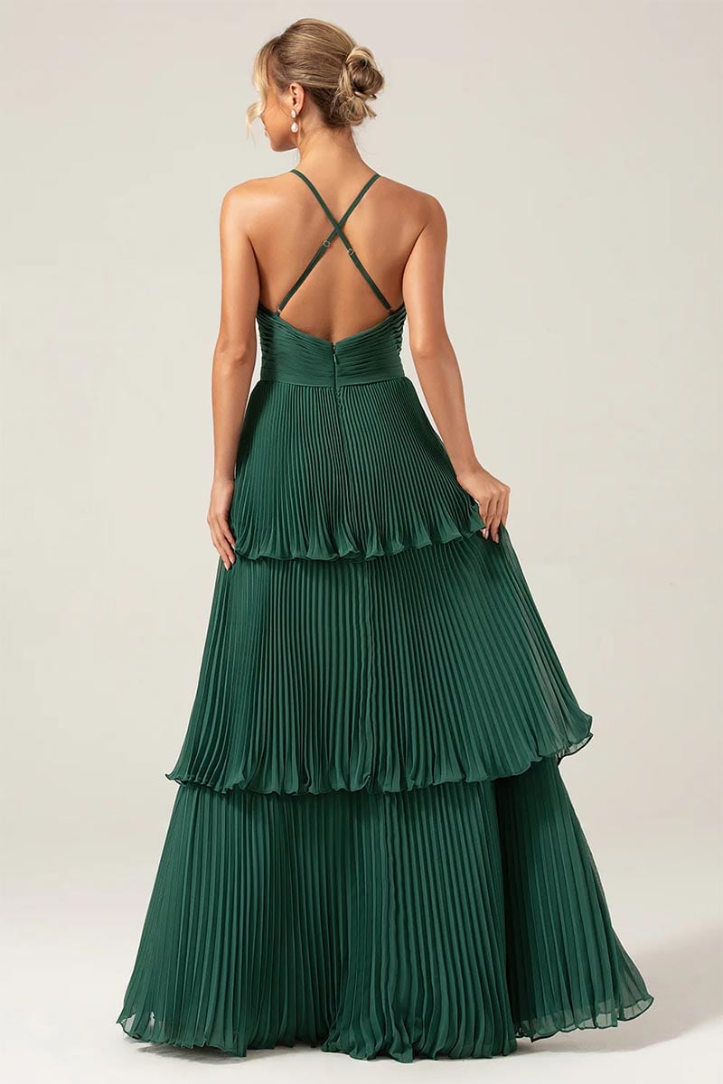 Caterina Pleated Tiered Maxi Dress | Jewelclues #color_emerald green