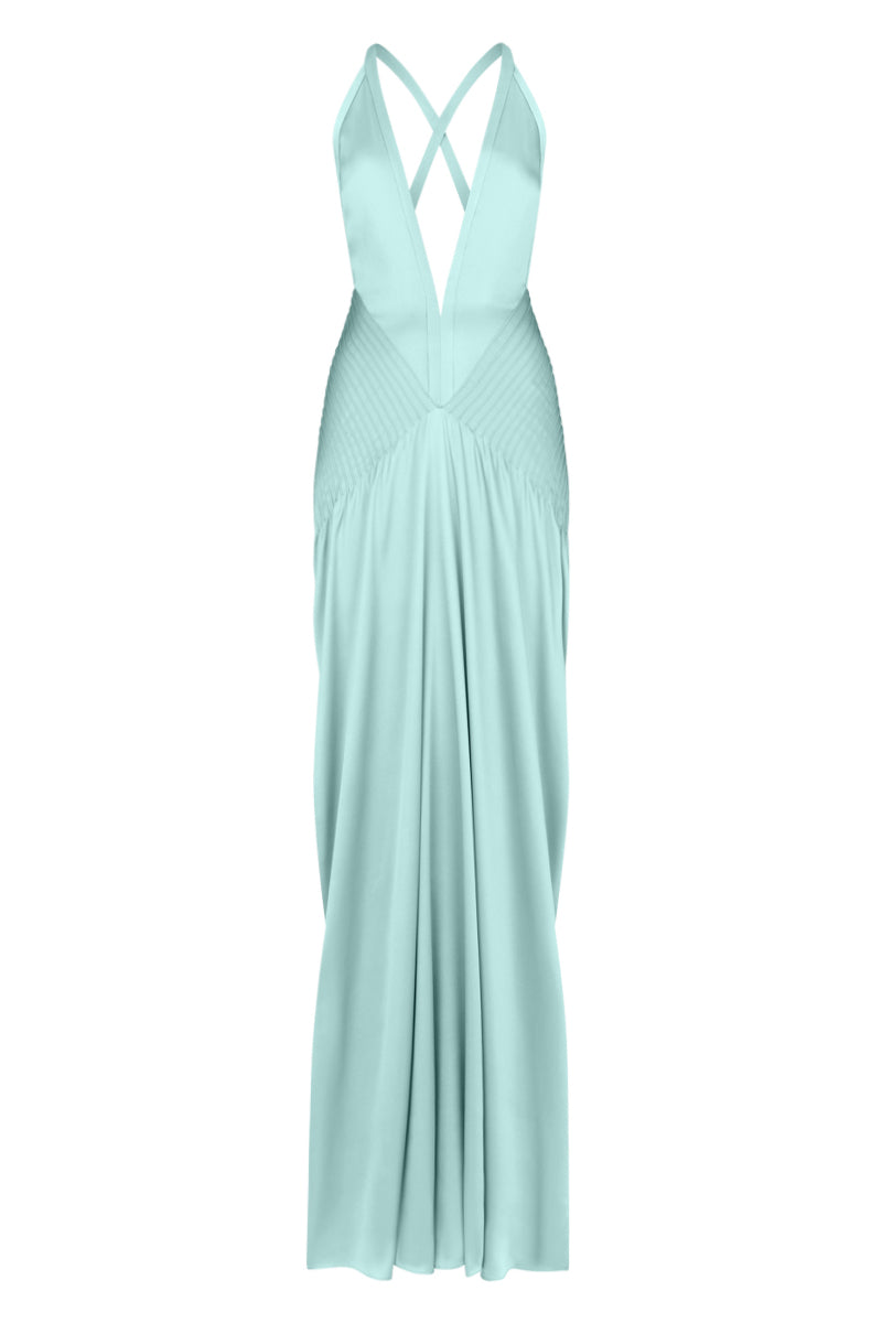 Celeste Turquoise Satin Evening Gown | Jewelclues
