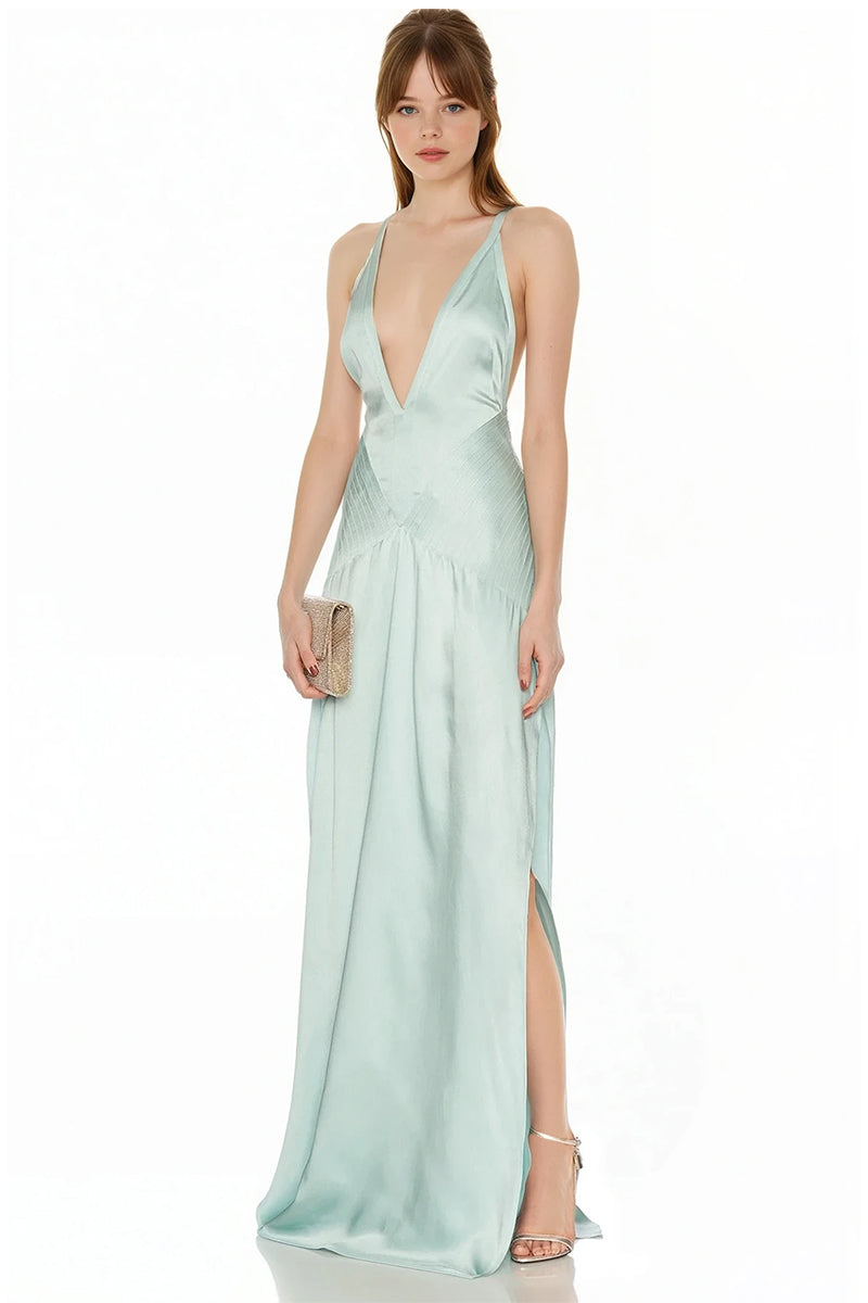 Celeste Turquoise Satin Evening Gown | Jewelclues
