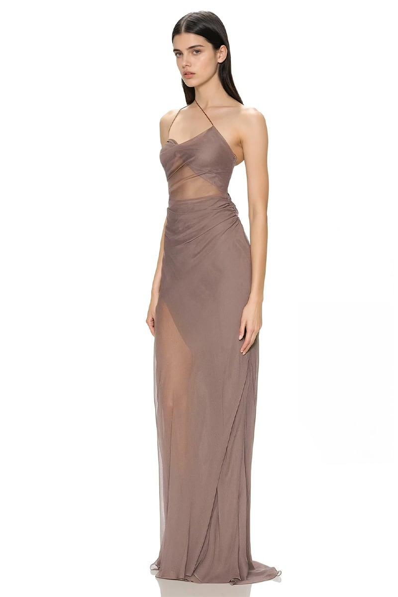 Celestia Strappy Chiffon Gown | Jewelclues #color_mocha