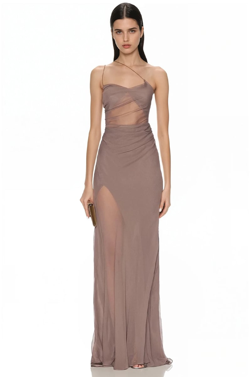Celestia Strappy Chiffon Gown | Jewelclues #color_mocha