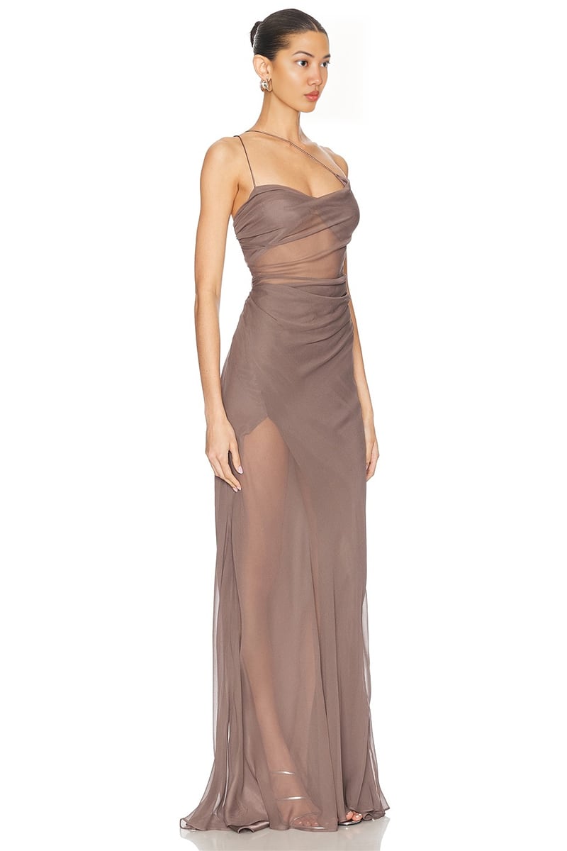 Celestia Strappy Chiffon Gown | Jewelclues #color_mocha