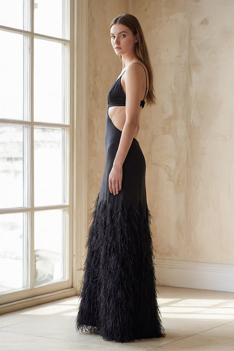 Chantilly Ostrich Feather Gown | Jewelclues | #color_black