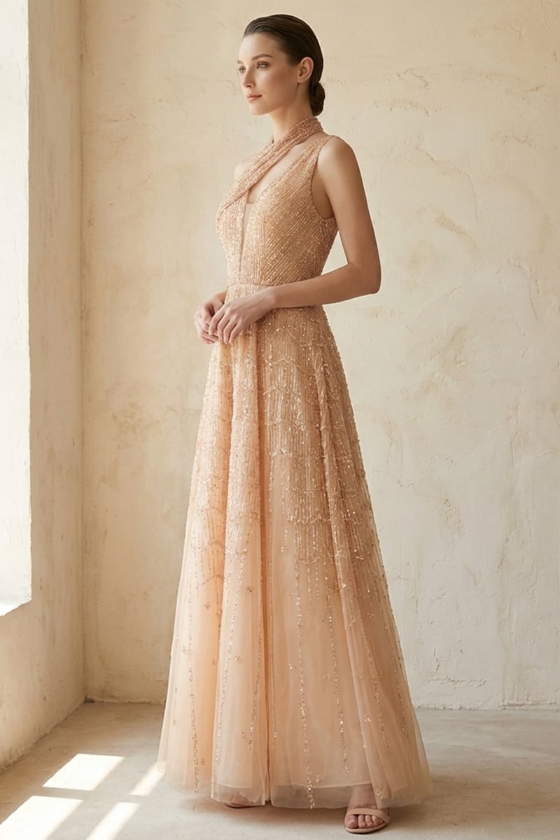 Colette Beaded Embellished Gown | JewelClues #color_champagne