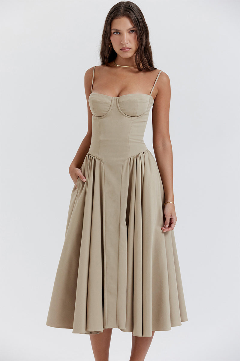 Daydreamer Taupe Bustier Midi Dress | Jewelclues