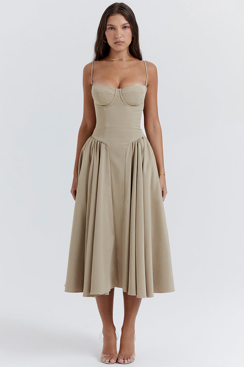 Daydreamer Taupe Bustier Midi Dress | Jewelclues