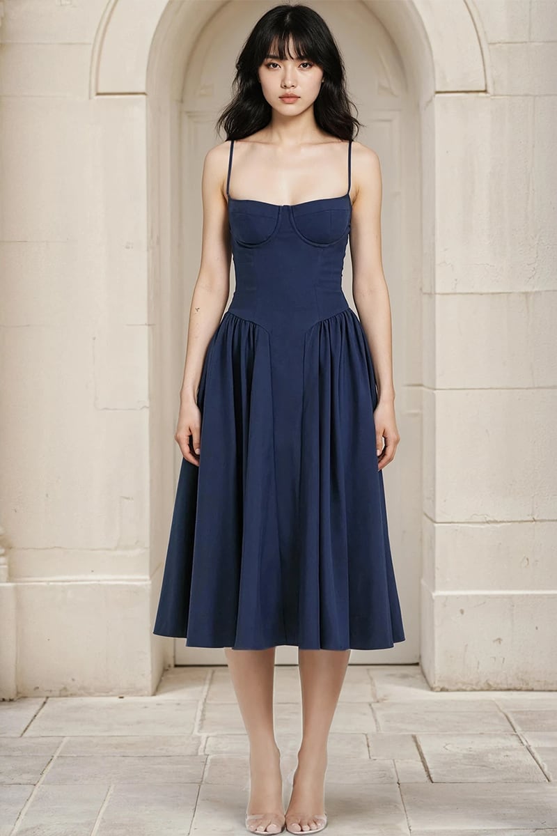 Daydreamer Tea-Length Navy Midi Dress - Jewelclues