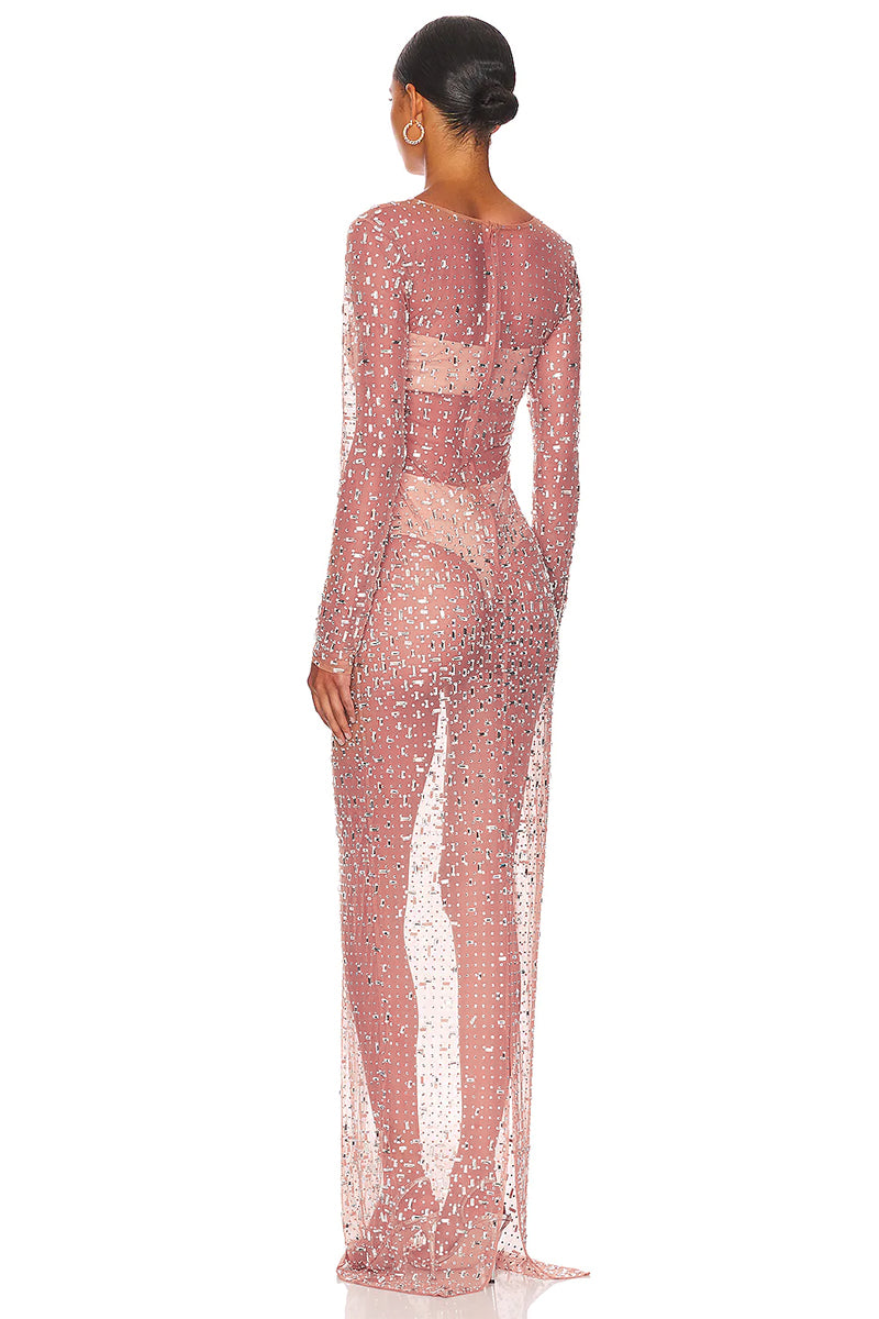 Color_Pink | Dazzled Up Crystal Embellished Sheer Maxi Dress | Jewelclues